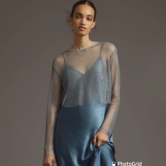 DOLAN LEFT COAST Long Sleeve Mesh Mockable Midi Slip Dress In Blue New with Tags - Picture 2 of 12